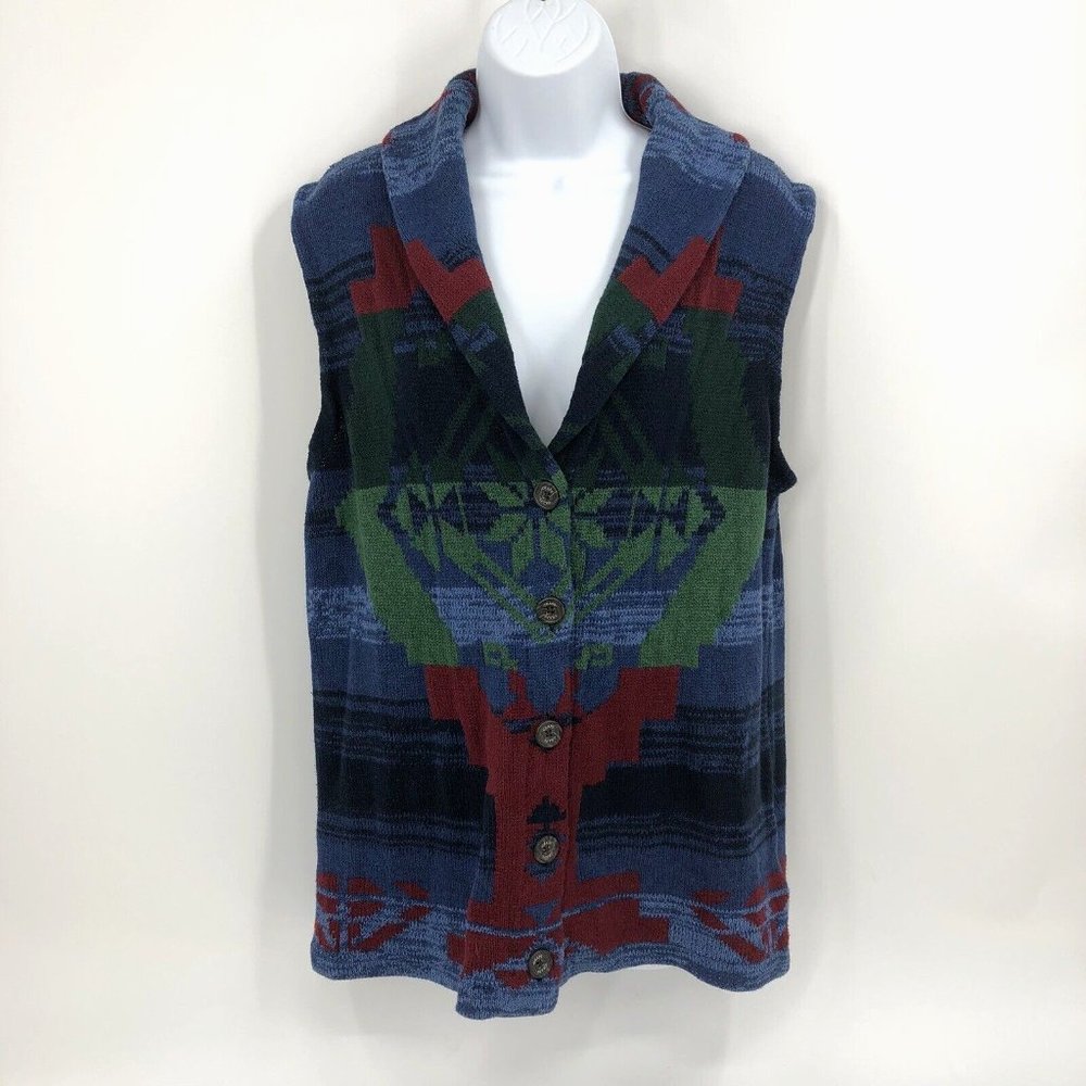 VTG 90s RL Chaps Denim Colorful Sweater Vest Southwest Aztec Boho Western Sz L